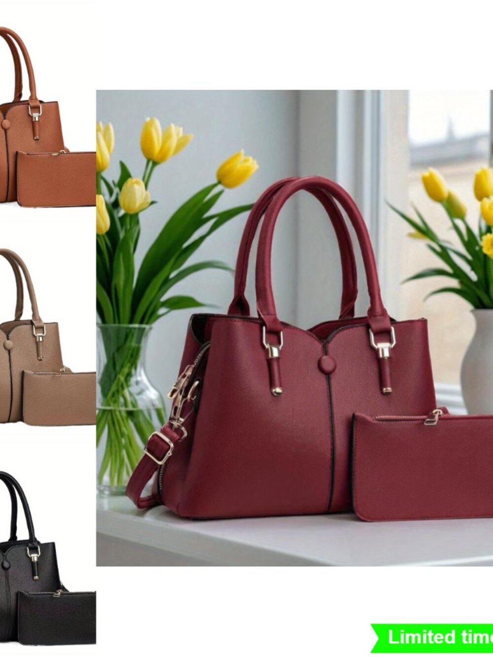 2pcs Set PU Simple Elegant Womens Shoulder Bag Large